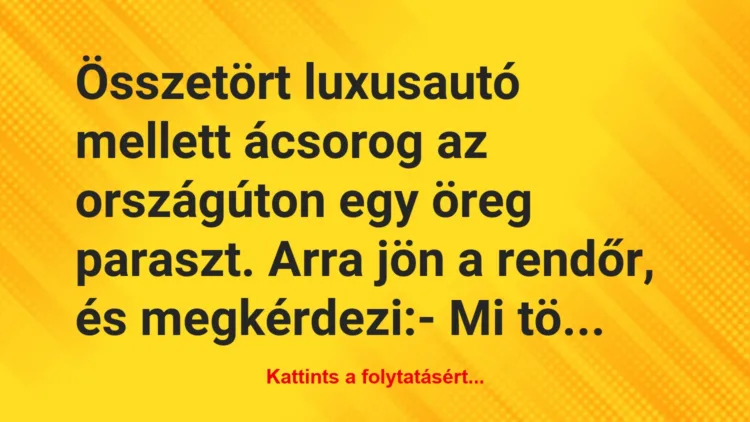 Vicc: Összetört luxusautó mellett ácsorog az országúton egy öreg paraszt….