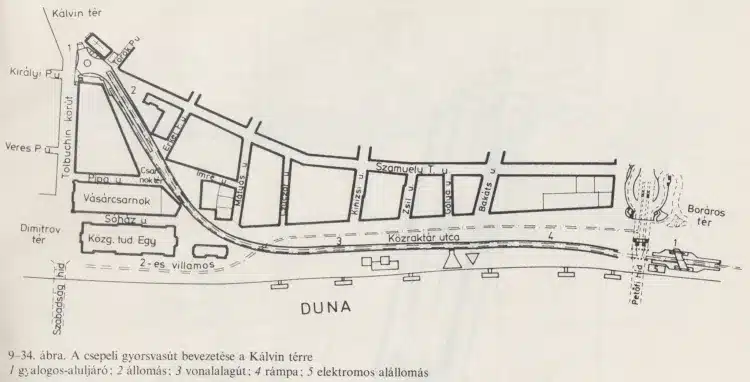 Budapest, H7 (Csepeli) HÉV Kálvin téri meghosszabbításának régi terve. Az M5-ös …