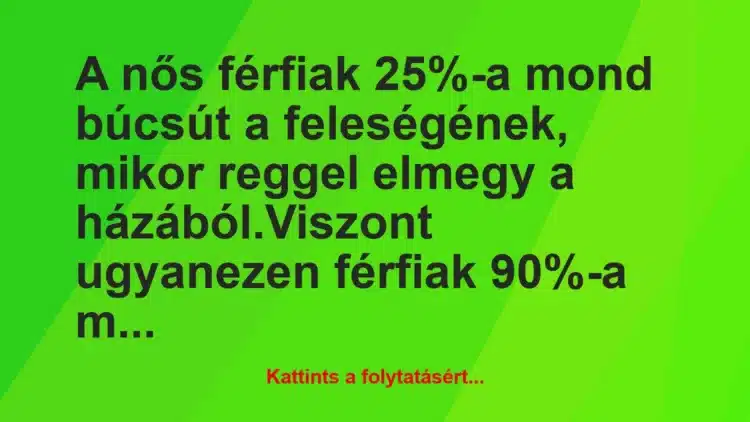 Vicc: A nős férfiak 25%-a mond búcsút a feleségének, mikor reggel elmegy a…