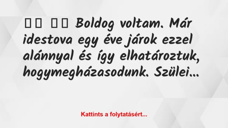 Vicc: 
		  
		  Boldog voltam. Már idestova egy éve…