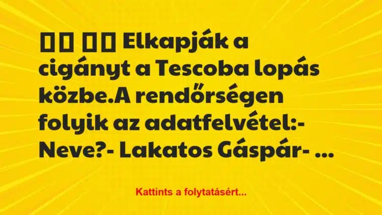 Vicc:
Elkapják a cigányt a Tescoba lopás közbe.A…