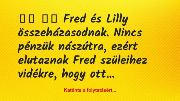 Vicc: 
		  
		  Fred és Lilly összeházasodnak. Nincs pénzük…