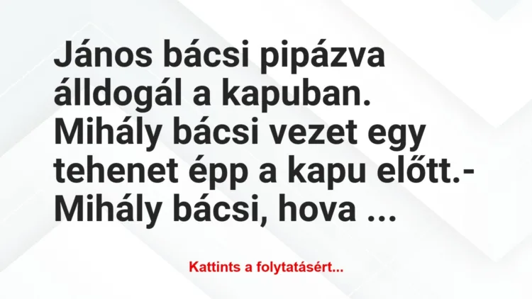 Vicc: János bácsi pipázva álldogál a kapuban. Mihály bácsi vezet egy tehenet…