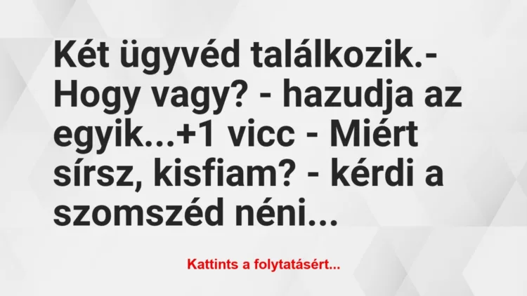 Vicc: Két ügyvéd találkozik.

– Hogy vagy? – hazudja az egyik…