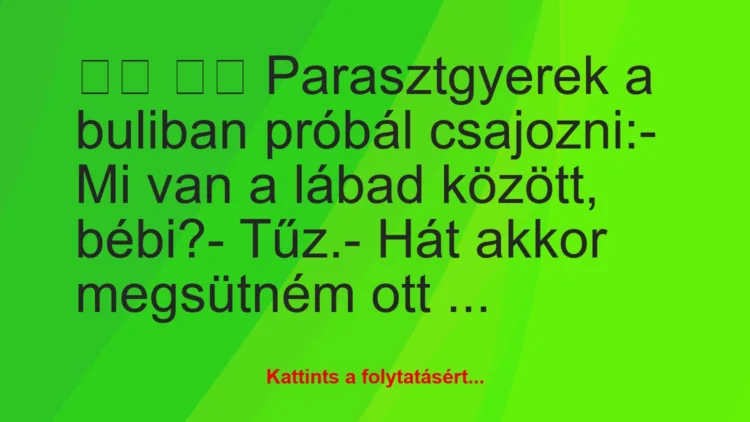 Vicc: 
		  
		  Parasztgyerek a buliban próbál csajozni:- Mi …