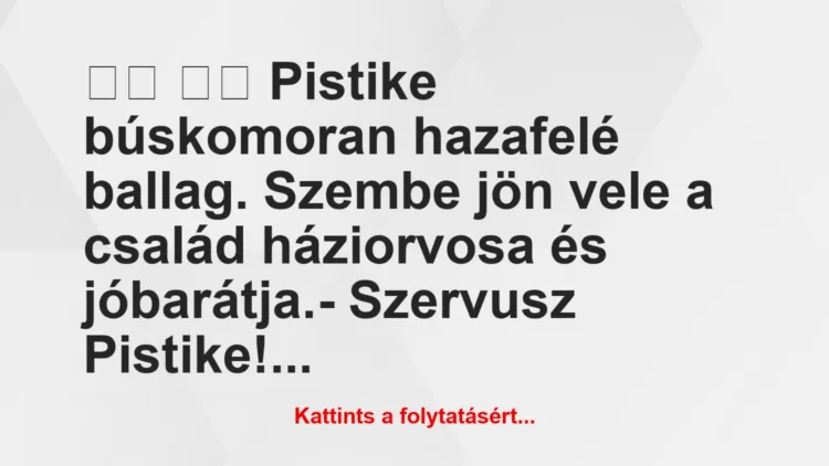 Vicc: 
		  
		  Pistike búskomoran hazafelé ballag….